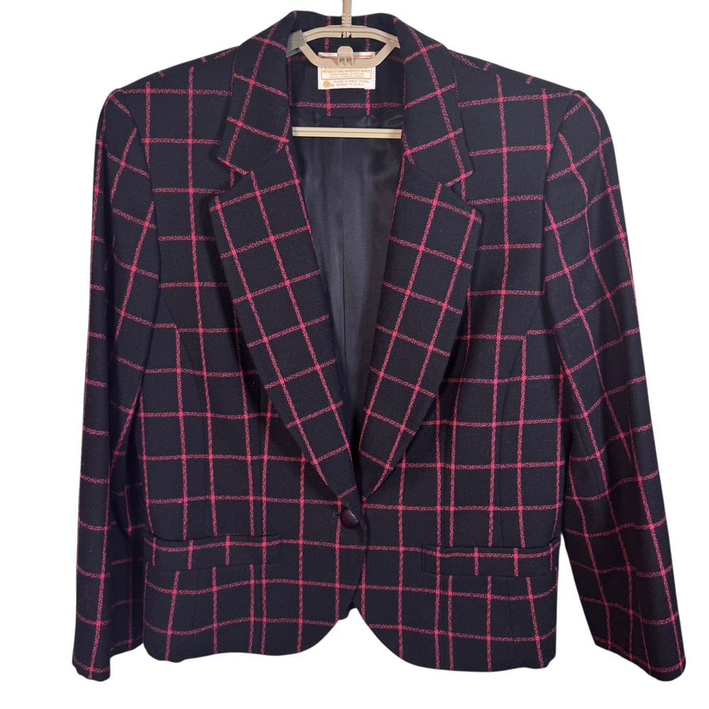 Navy Windowpane Wool Blazer with Pink Grid